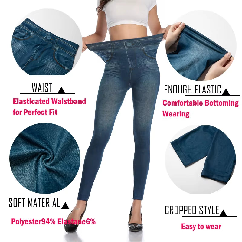 Push up Seamless High Waist Faux Denim Leggings Women Casual Elastic Pocket Jeans Print Pants Skinny Pencil Leggins Mujer