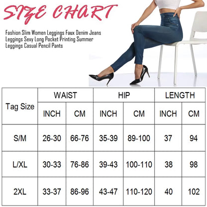 Push up Seamless High Waist Faux Denim Leggings Women Casual Elastic Pocket Jeans Print Pants Skinny Pencil Leggins Mujer