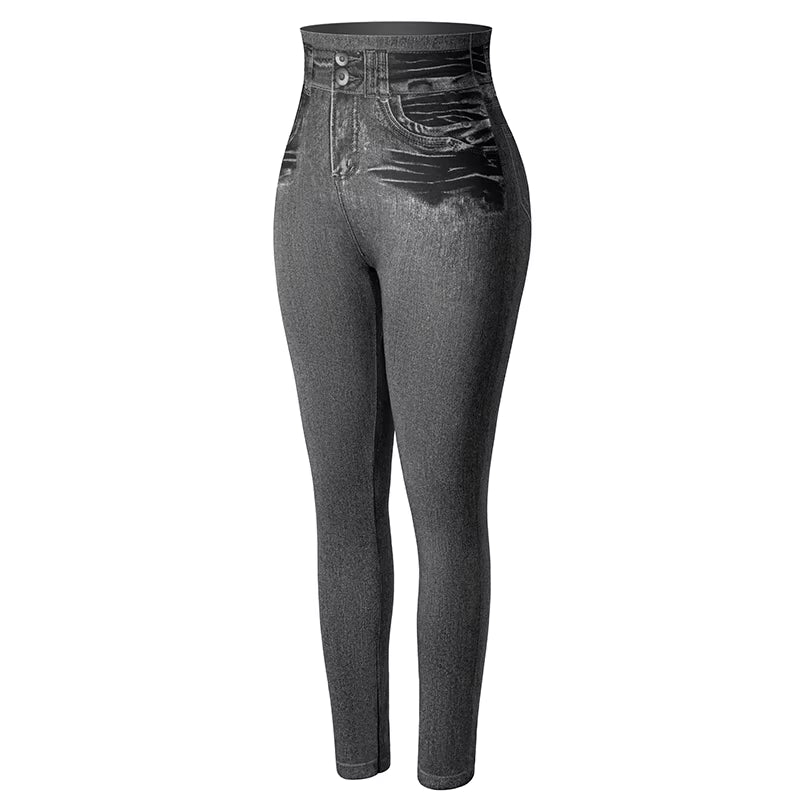 Push up Seamless High Waist Faux Denim Leggings Women Casual Elastic Pocket Jeans Print Pants Skinny Pencil Leggins Mujer