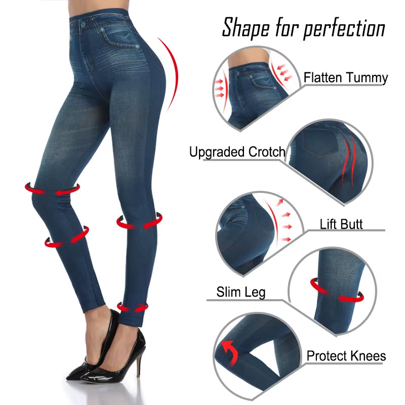 Push up Seamless High Waist Faux Denim Leggings Women Casual Elastic Pocket Jeans Print Pants Skinny Pencil Leggins Mujer